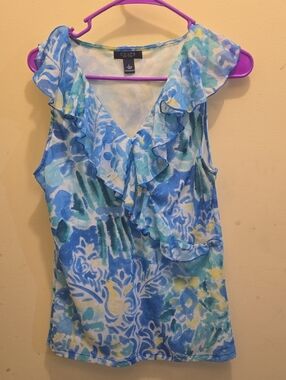 Chaps Blue Floral Ruffle V-Neck Sleeveless Top